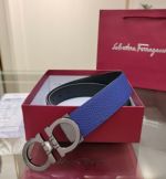 1:1 Ferragamo  Blue&Black Leather Belt  with Silver Logo buckle Copper Buckle 3.5cm
